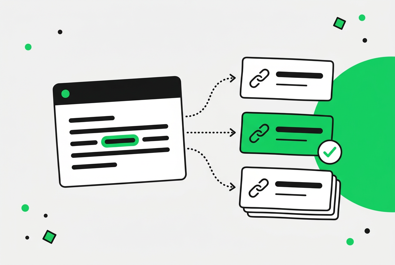 Illustration: an AI answer window with dotted arrows to three source cards, one highlighted green with a checkmark