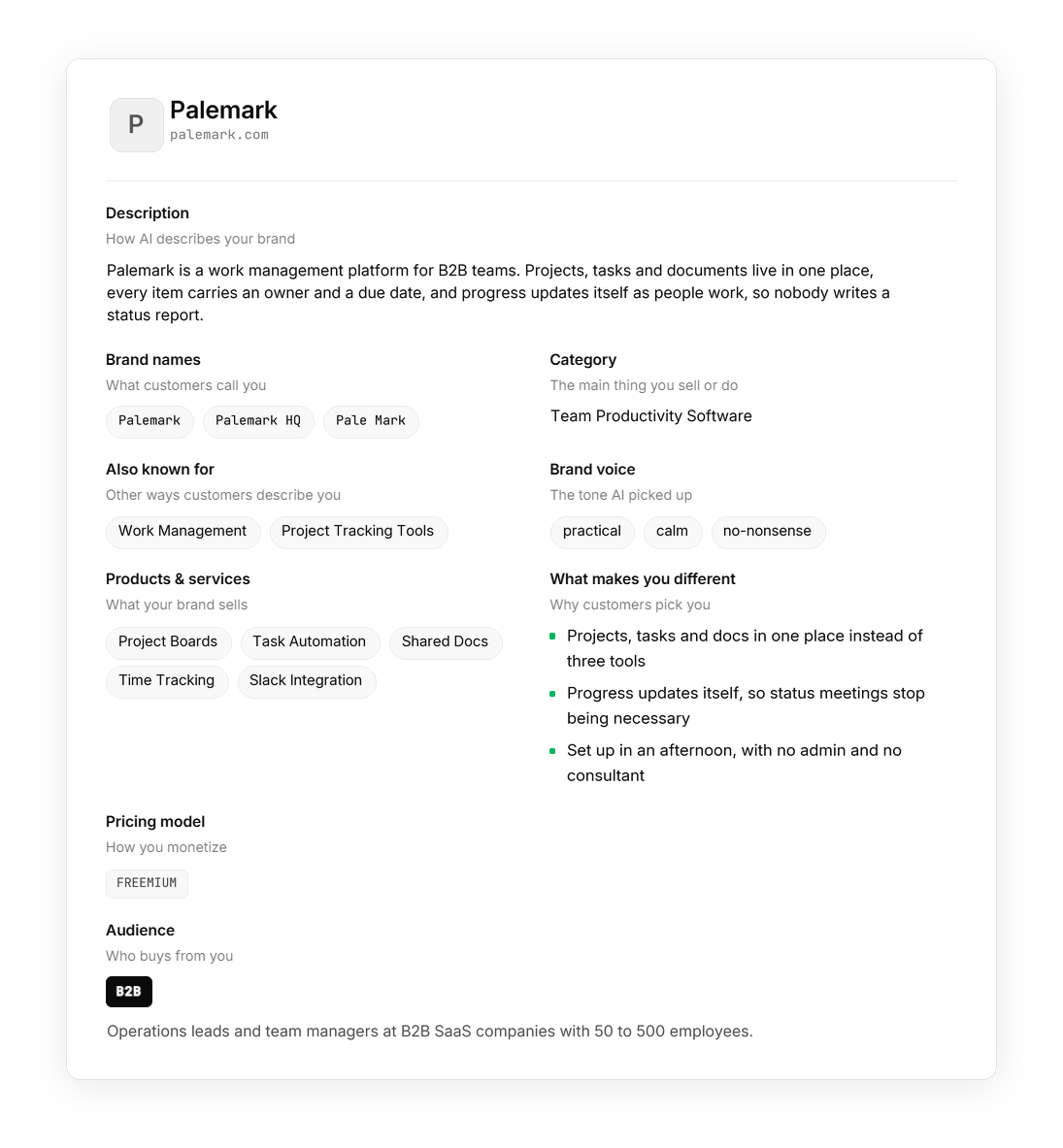 Findrix brand profile showing the brand description, category, products, differentiators, voice, pricing model, and audience
