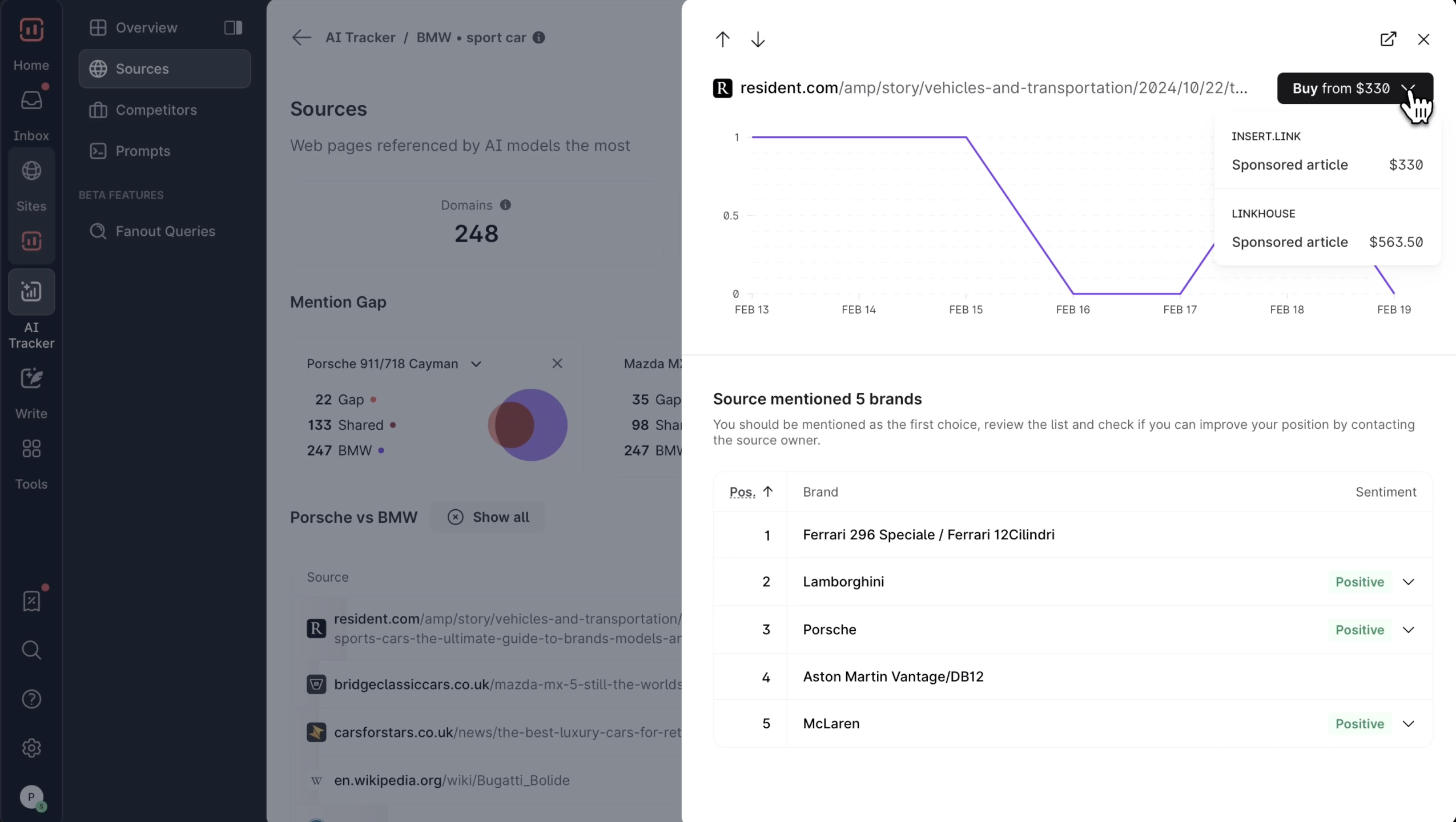 Surfer AI Tracker showing the exact AI response for a tracked prompt alongside the sources the model relied on.