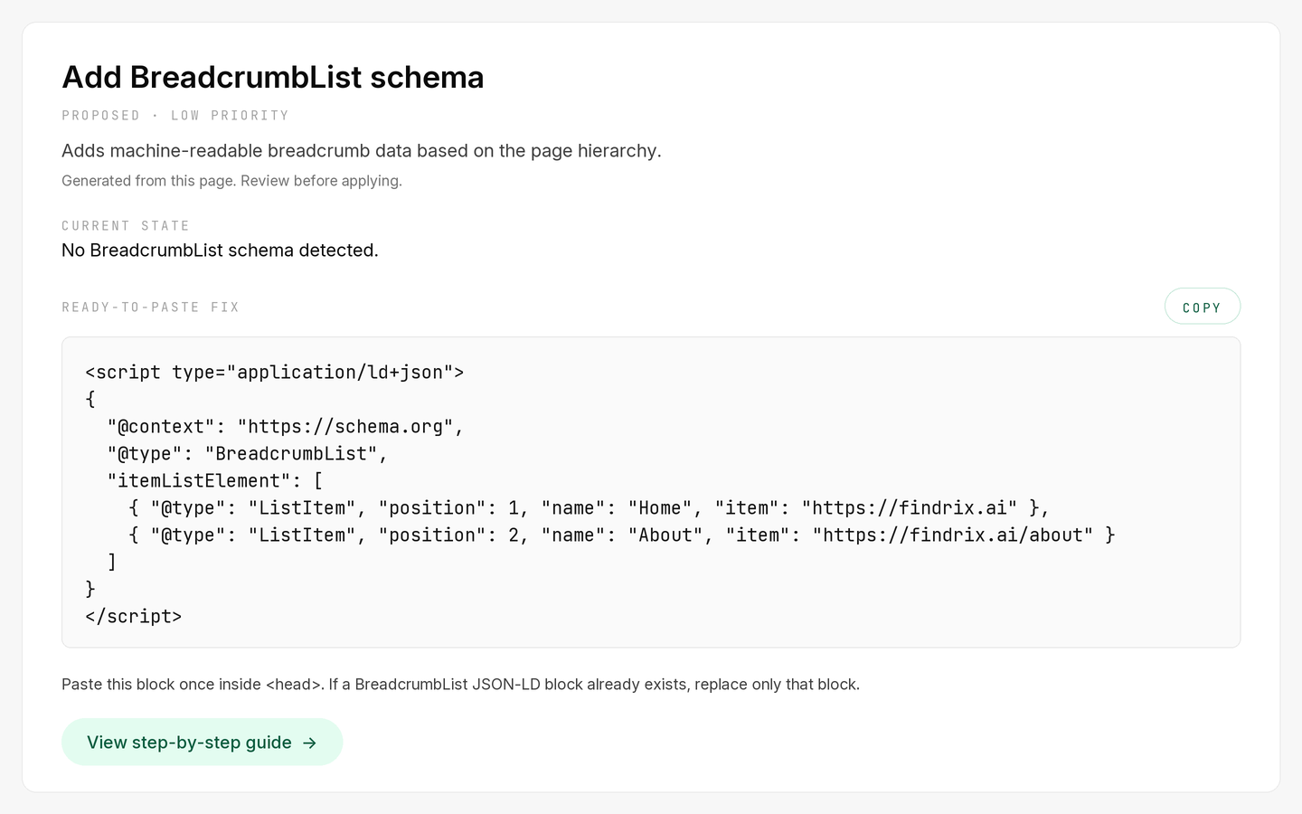 Findrix technical recommendation with ready-to-paste BreadcrumbList schema and implementation instructions.