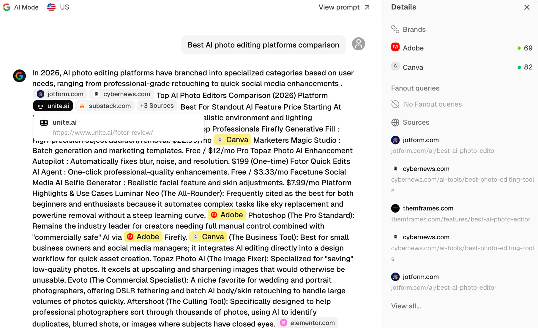 Peec AI answer view showing a full AI response with competitors named and the sources cited