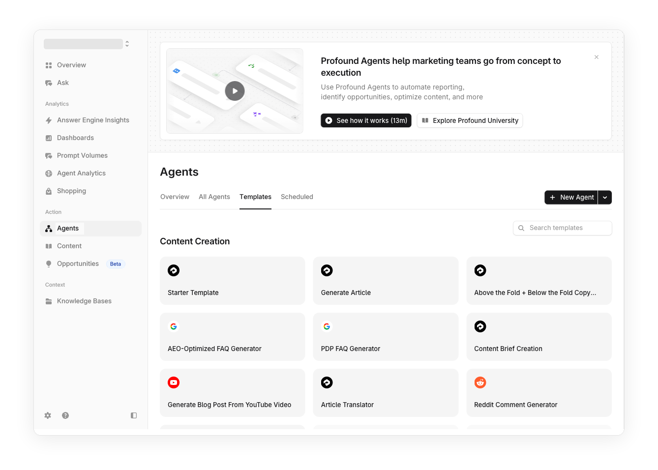 Profound Agents template gallery for articles, FAQs, content briefs, translations, YouTube posts, and Reddit comments.