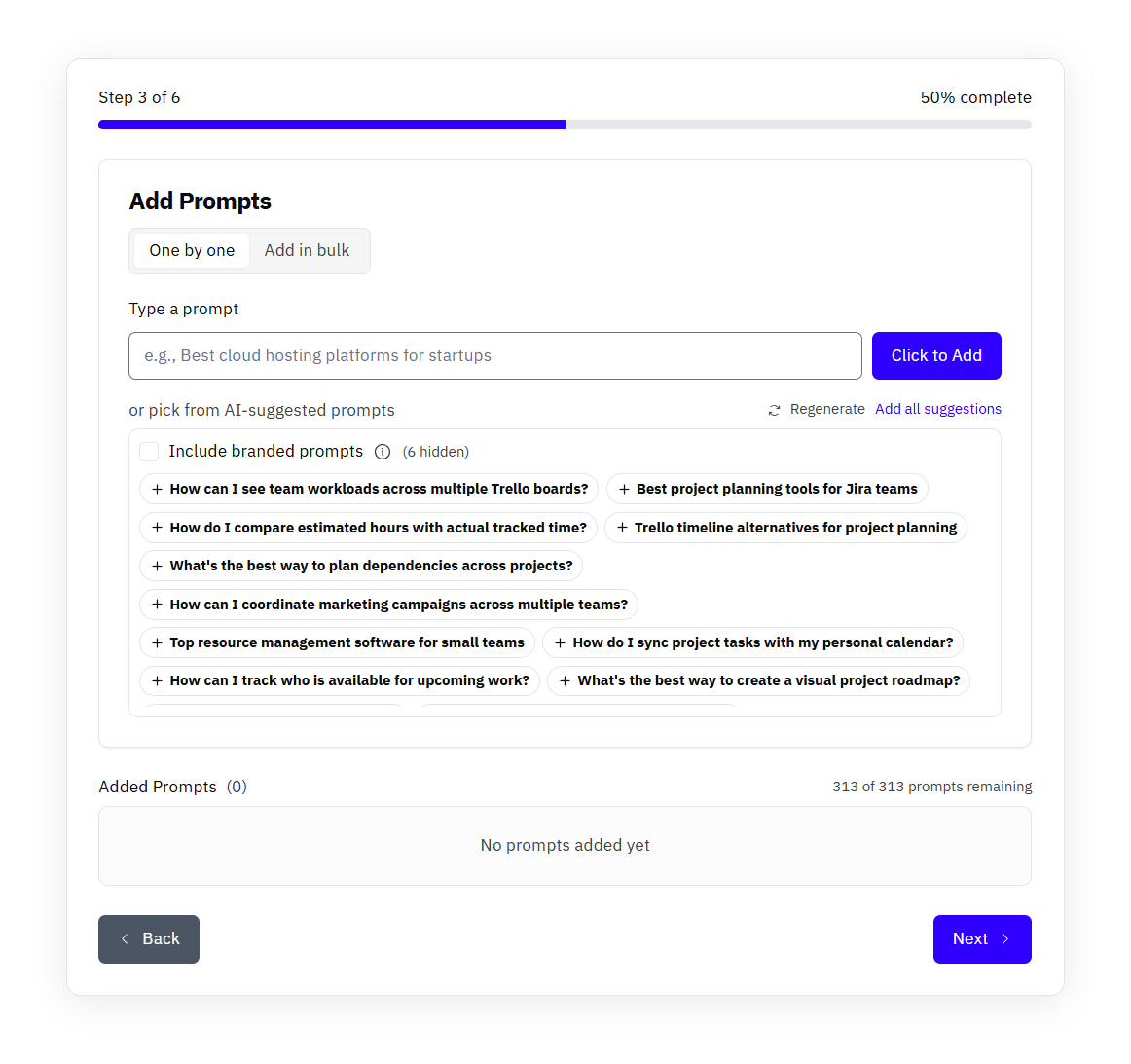  LLM Pulse suggested prompt setup showing broad project-management questions for a specialist Atlassian app