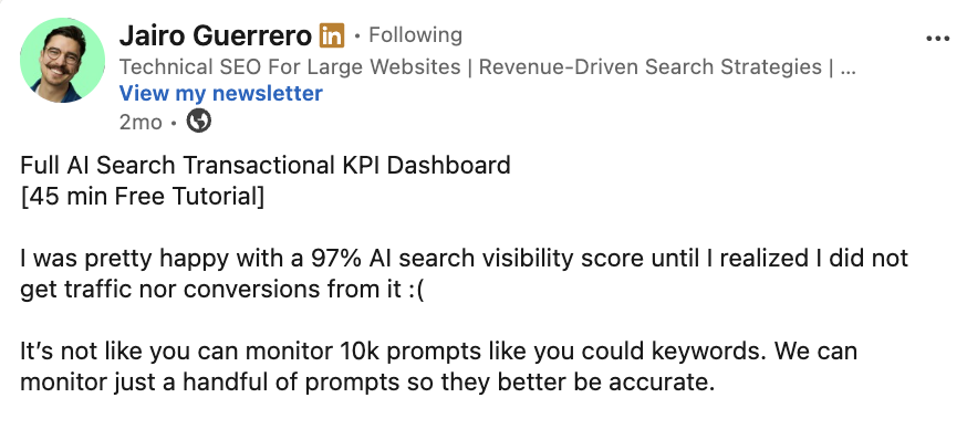 LinkedIn post by Jairo Guerrero about a 97% AI search visibility score that produced no traffic or conversions